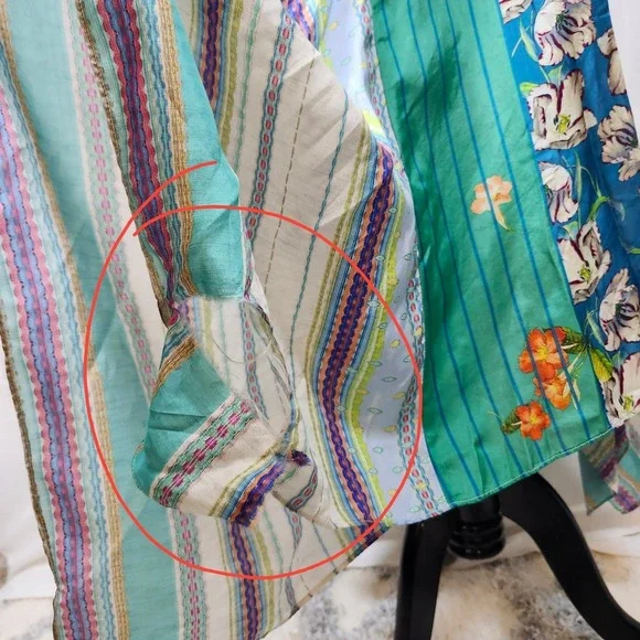 Johnny Was 100% Silk Handkerchief Dress L Boho‎ Floral Patchwork Maxi FLAW - Picture 9 of 11